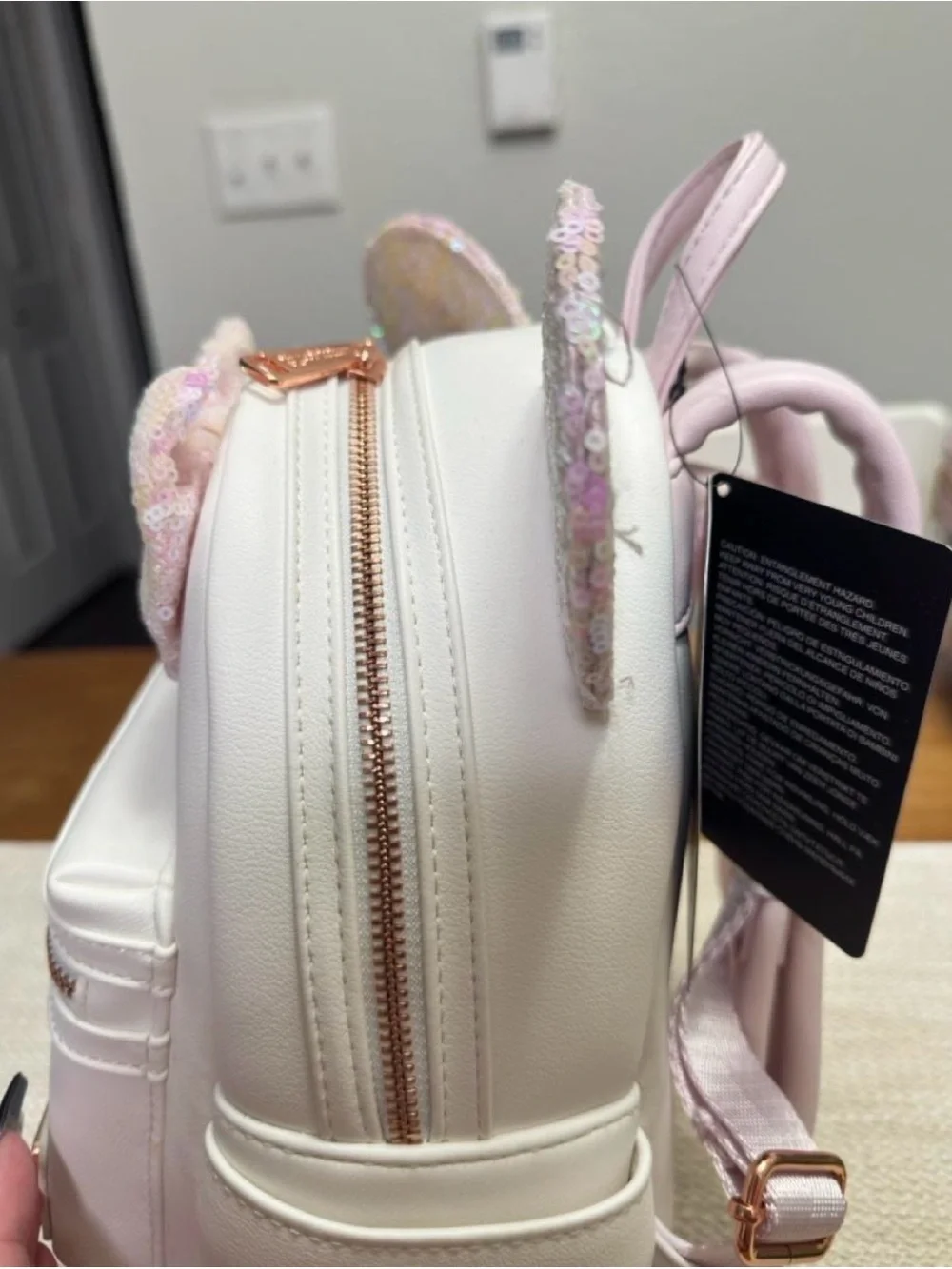 Loungefly White Mini Backpack with Pink Sequin Ears & Bow